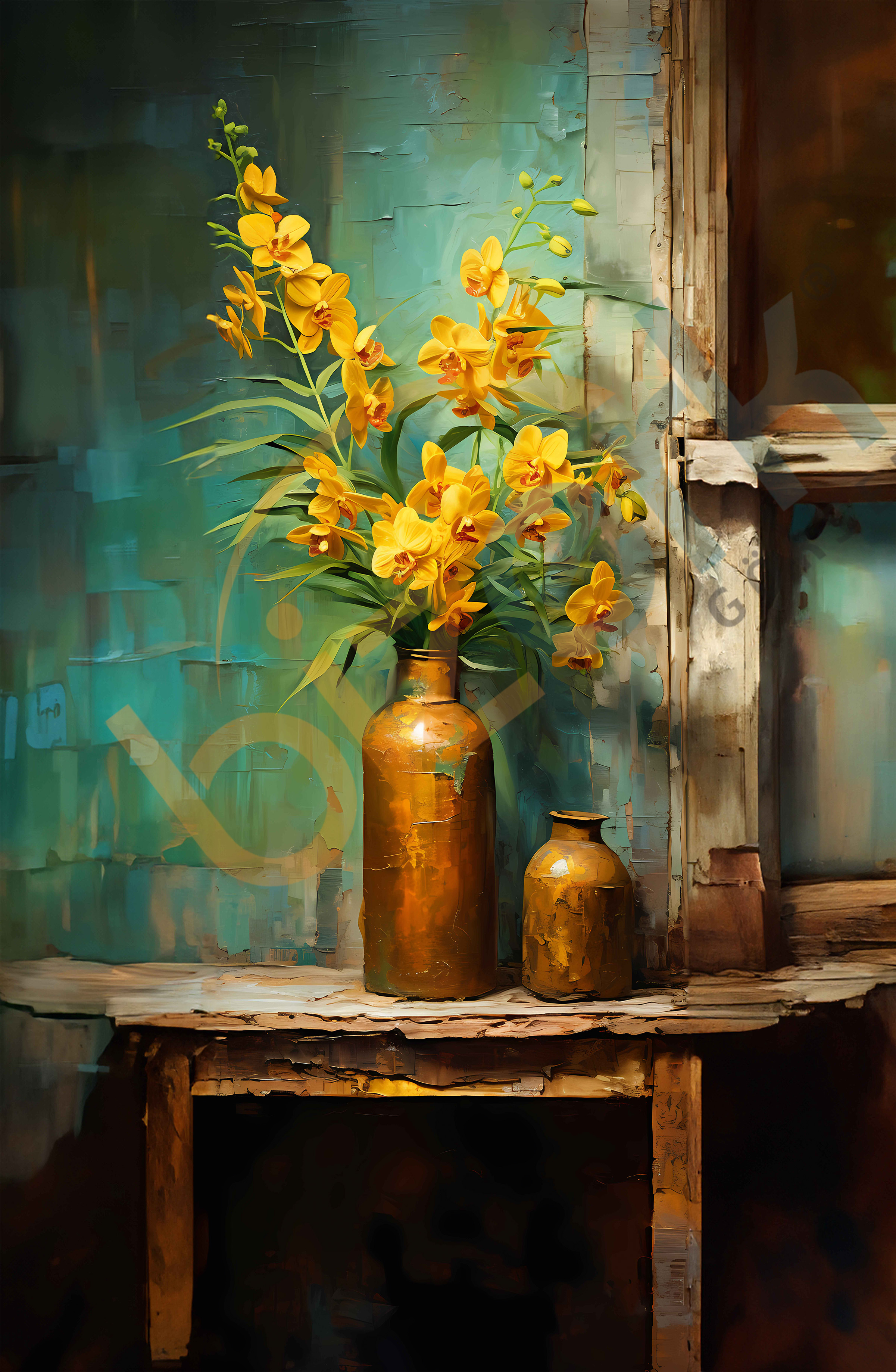 Bizerk Görsel Natürmort, Vazolar Sarı Orkide Çiçek ÇERÇEVESİZ Fotoğraf Baskı Poster BGPSTR0014